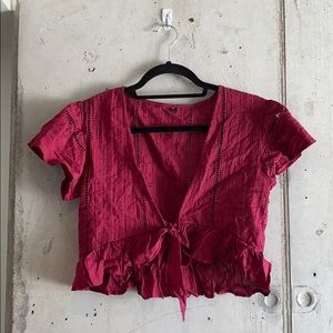 Burgundy Front Tie Plunging V Crop Top | Size M